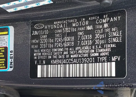 2010 Hyundai Veracruz Limited z USA, uszkodzony, nr VIN KM8NU4CC5AU139201